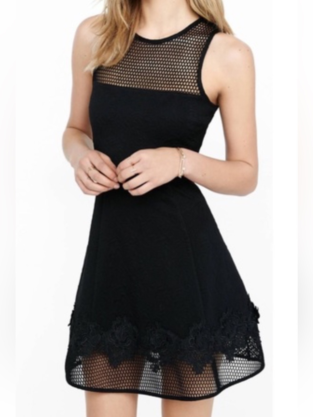 Express Black Mesh Textured Top with Knit Detail